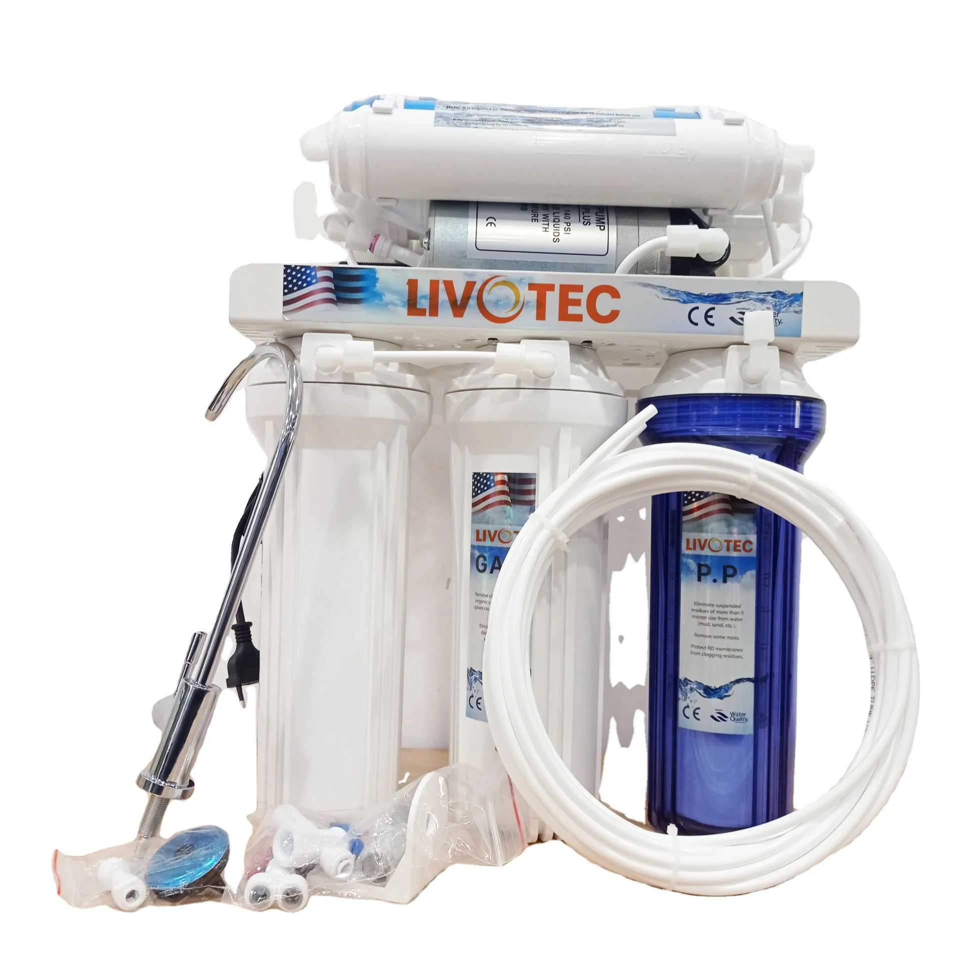 6 Stage Alkaline RO Water Filter LIVOTEC with 75 GPD RO membrane and 4G Plastic water storage tank