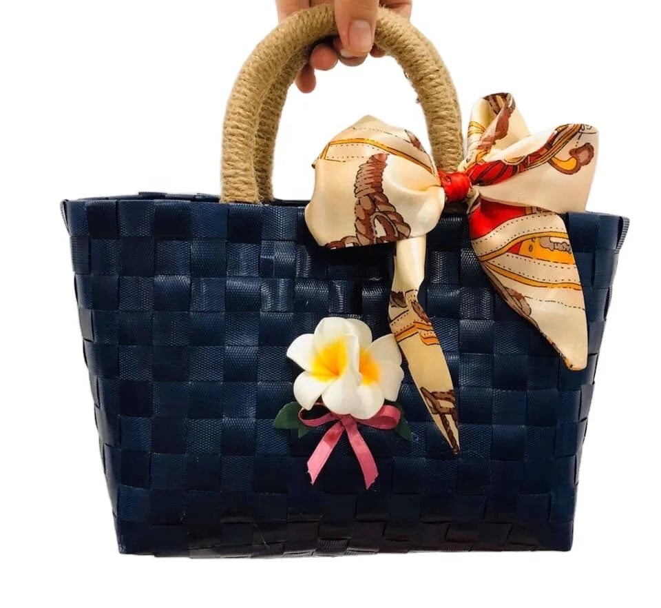 Handwoven Plastic Basket Bag With Leather Handle  - Handmade plastic woven handbag for women Fashion Accessory