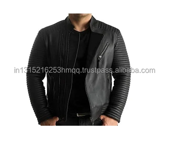 Indian best quality Leather Sheepskin  Zipper  Brown Men Biker Jacket with Quilted Viscose Lining Inside Outside Pocket