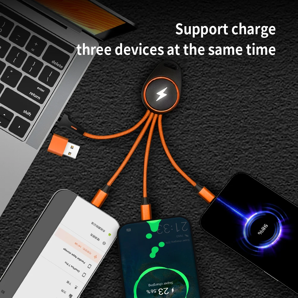 Corporate Gift Logo Keychain LED Light Up 5 in 1 Multi Charging Charger Cable Cord Keyring 3 in 1 LED All-In-One Charging Cable