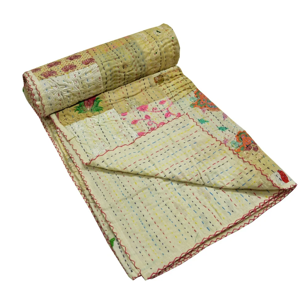 Indigo print design Silk Kantha Patch blanket handmade throw Silk filled reversible patchwork Silk Kantha Patch quilt Reversible