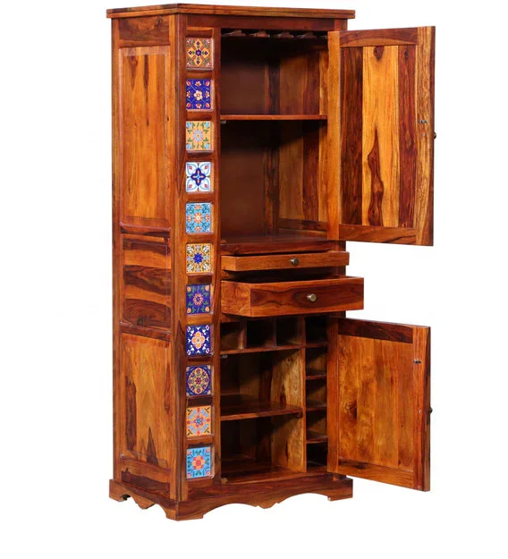 Industrial Vintage Tall Bar Cabinet Indian Sheesham Wood High End Tall Bar Cabinet Jodhpur Wine Bottle Storage Racks Bar Cabinet
