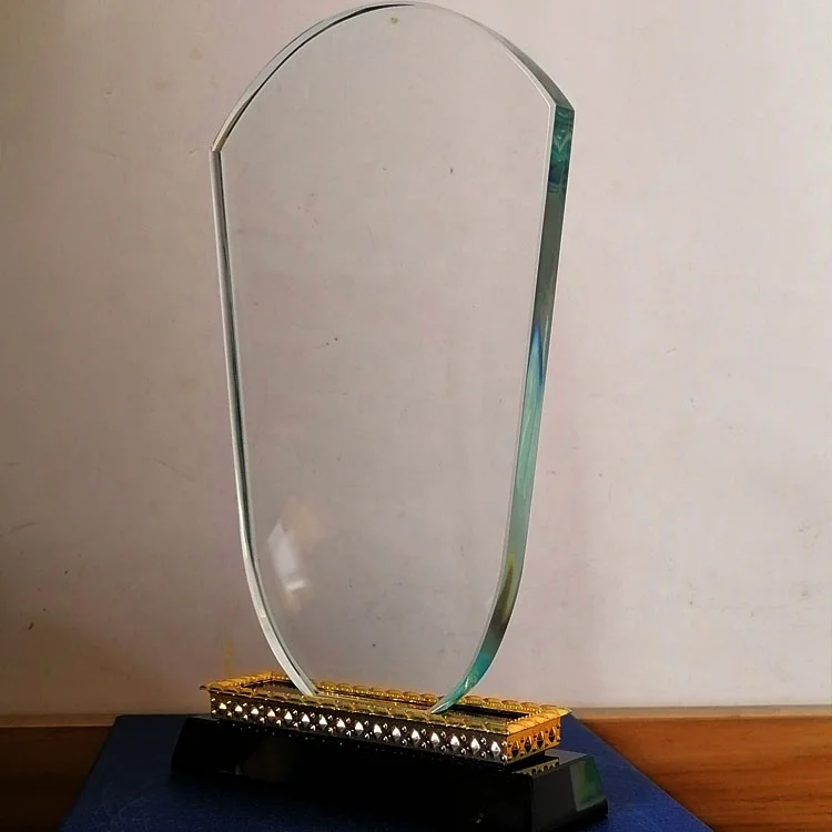 wholesale high quality k9 blank crystal glass shield trophy black base for 3d laser engraving  with Golden trim base