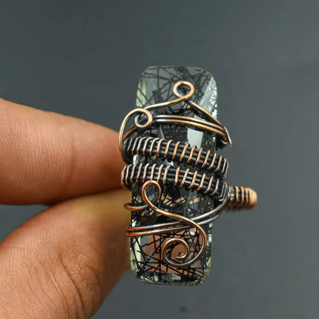 Moss Agate Copper Wire Wrapped Ring Gemstone Fashion Jewelry Designer Handmade Gift for Woman her