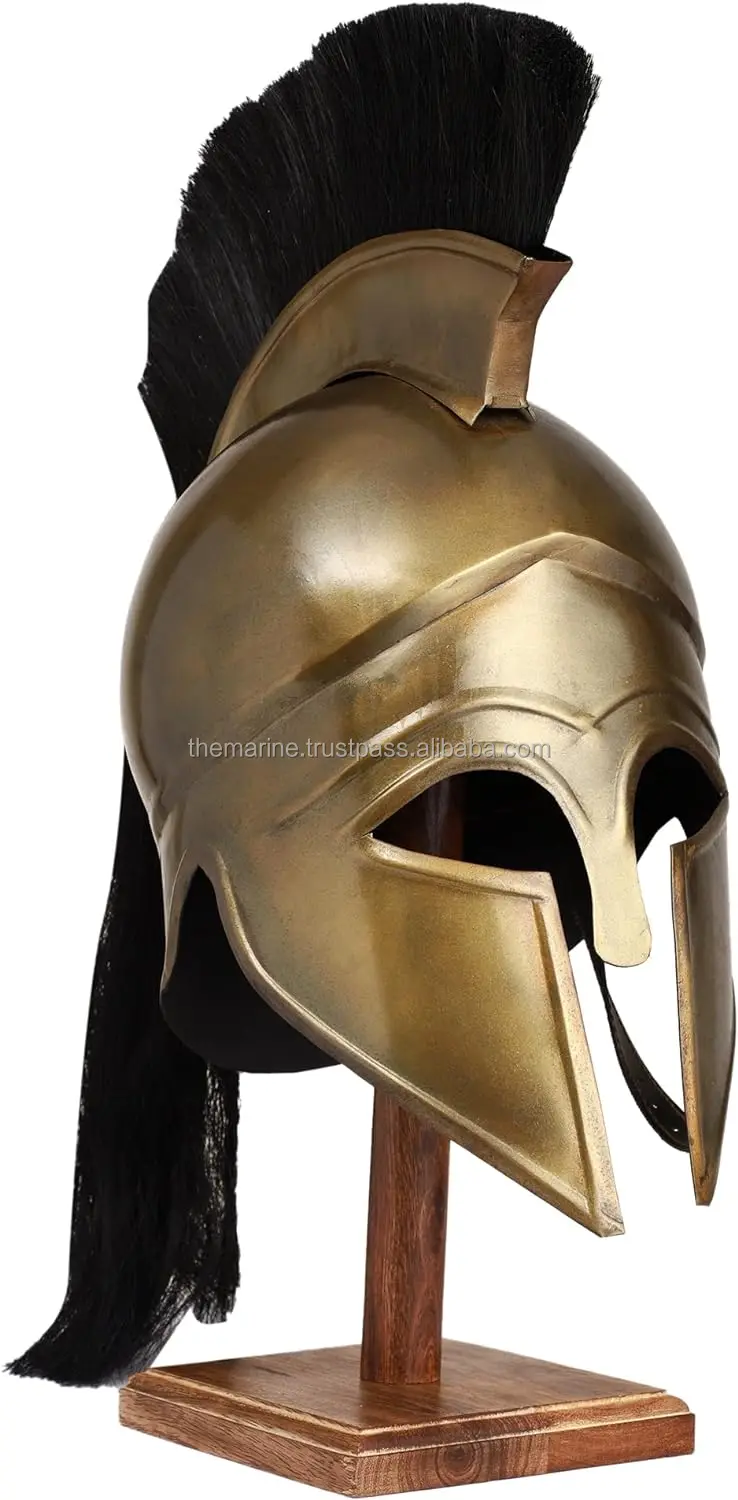 Medieval Knight Spartan Greek Corinthian Helmet With Black Hair Plume & Wooden Stand  Halloween Party Costume For Adults .