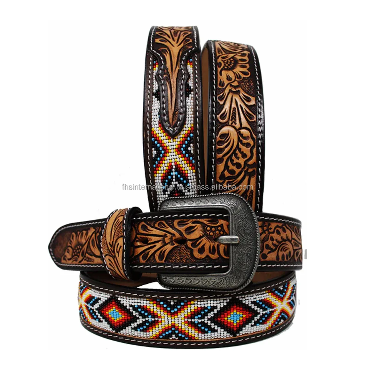 Best Design Premium Quality Genuine Leather Western Cowboy Belt With Hand Carved Beaded Design Leather Belt