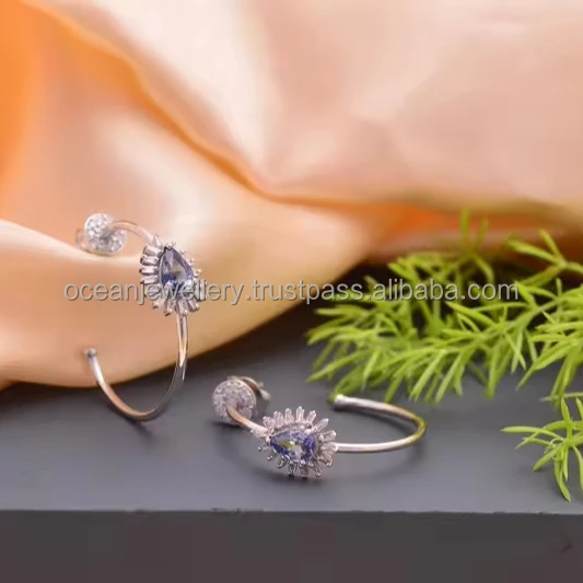 18k White Gold Pear Blue Sapphire Earrings Diamond Half J-Hoop Earrings With Push Back Earrings For Women