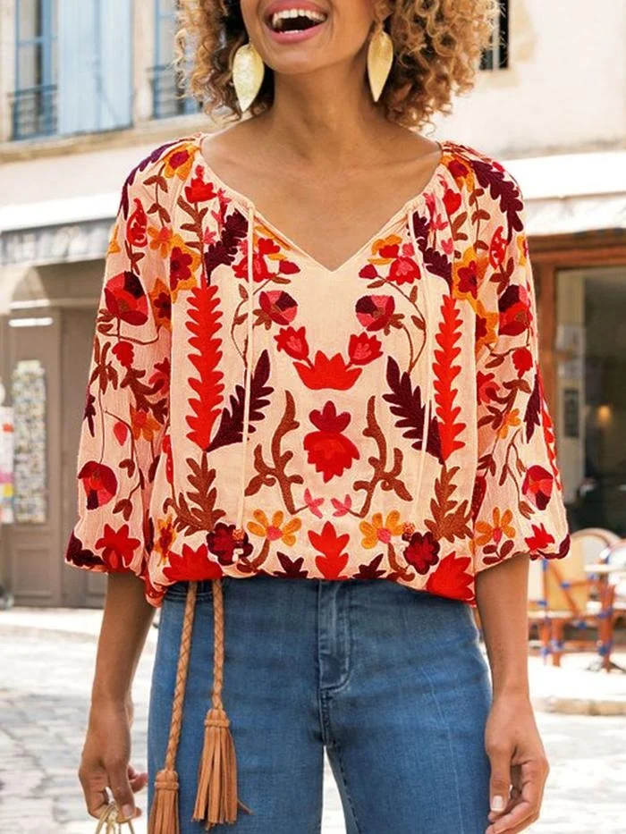 Made With Love Spring Elegant Summer Vintage Style Aari Embroidered Bodice Bohemian Collection Tasseled Tie Neck Women Blouse