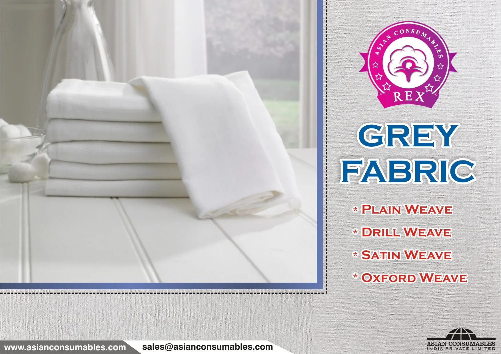 Export Grade Premium Quality 100% Cotton Grey Fabric 60 x 60 Yarn Count 300 Thread Count Plain 114 inches Width Roll Packing