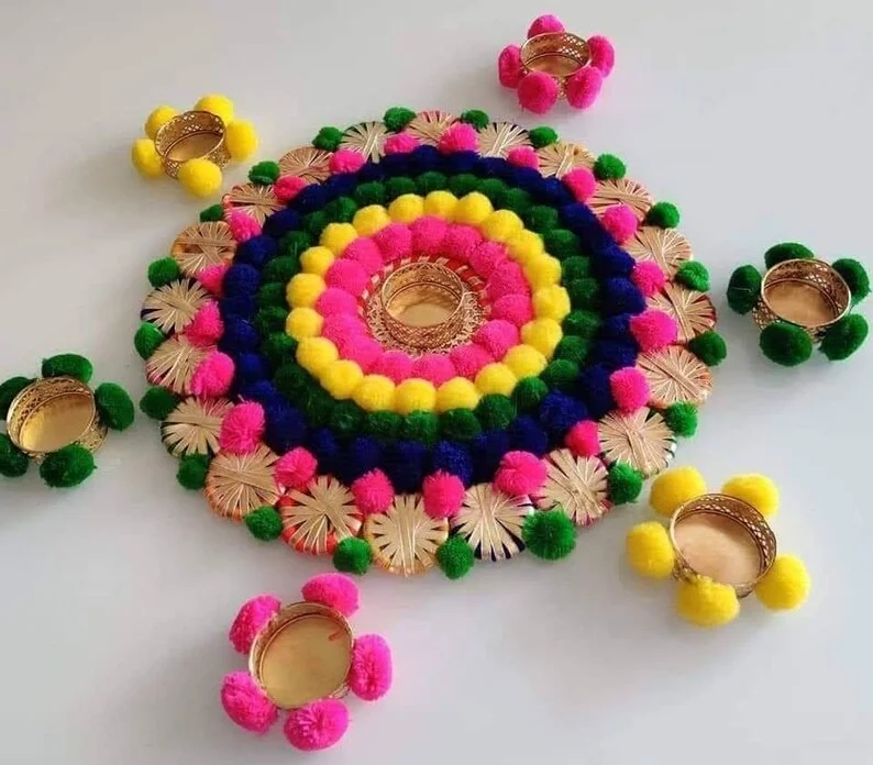 Gota Patti Handmade Rangoli Tea Light Holder Decorative Pompom Material Tealight Candle Deepak Tea Party Decor