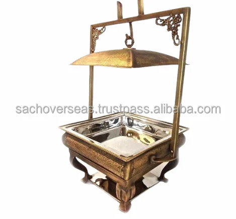 Luxurious Gold Round Mirror Finish Hammered Brass Metal Chafing Dish 6 Litre For Restaurants and Cafeteria Buffetware