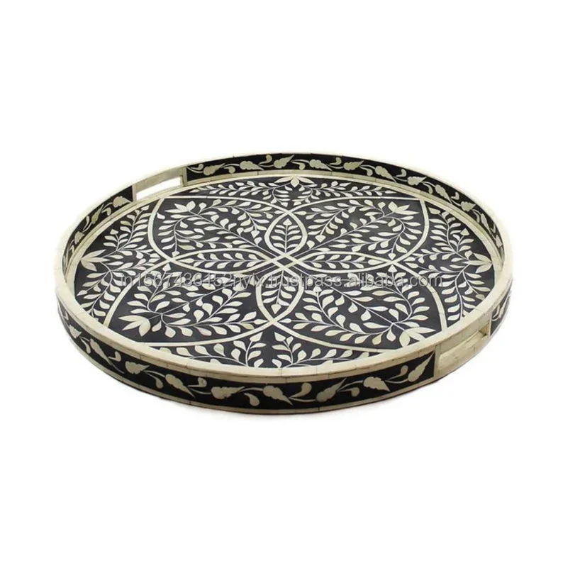 Round resin inlaid decorative tray With flower petal design black and white