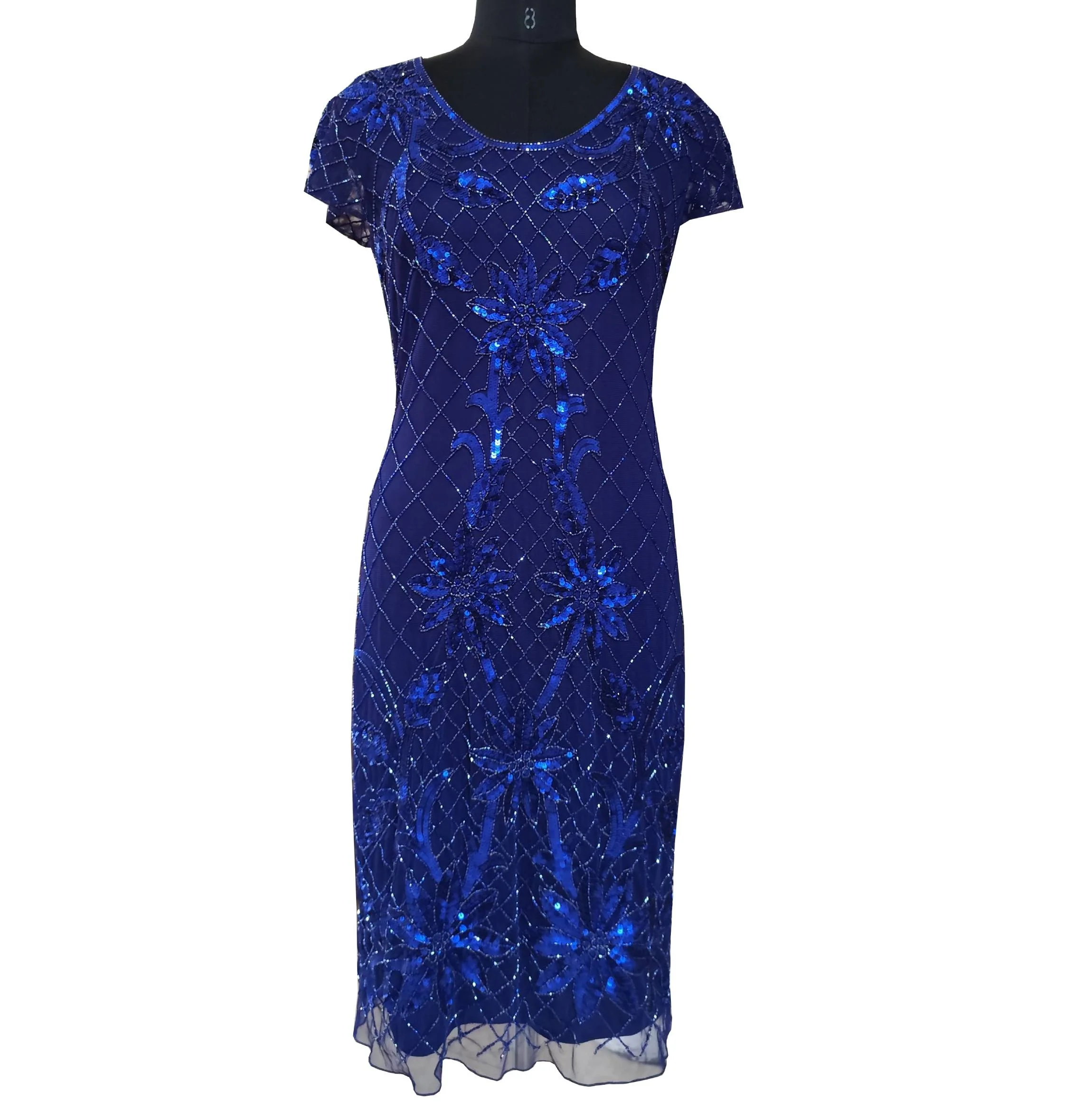 High Quality Handmade Radiant Blue Mini Dress with Sequins & beads Embroidery Sexy Short Sleeves Plus Size Prom Dress