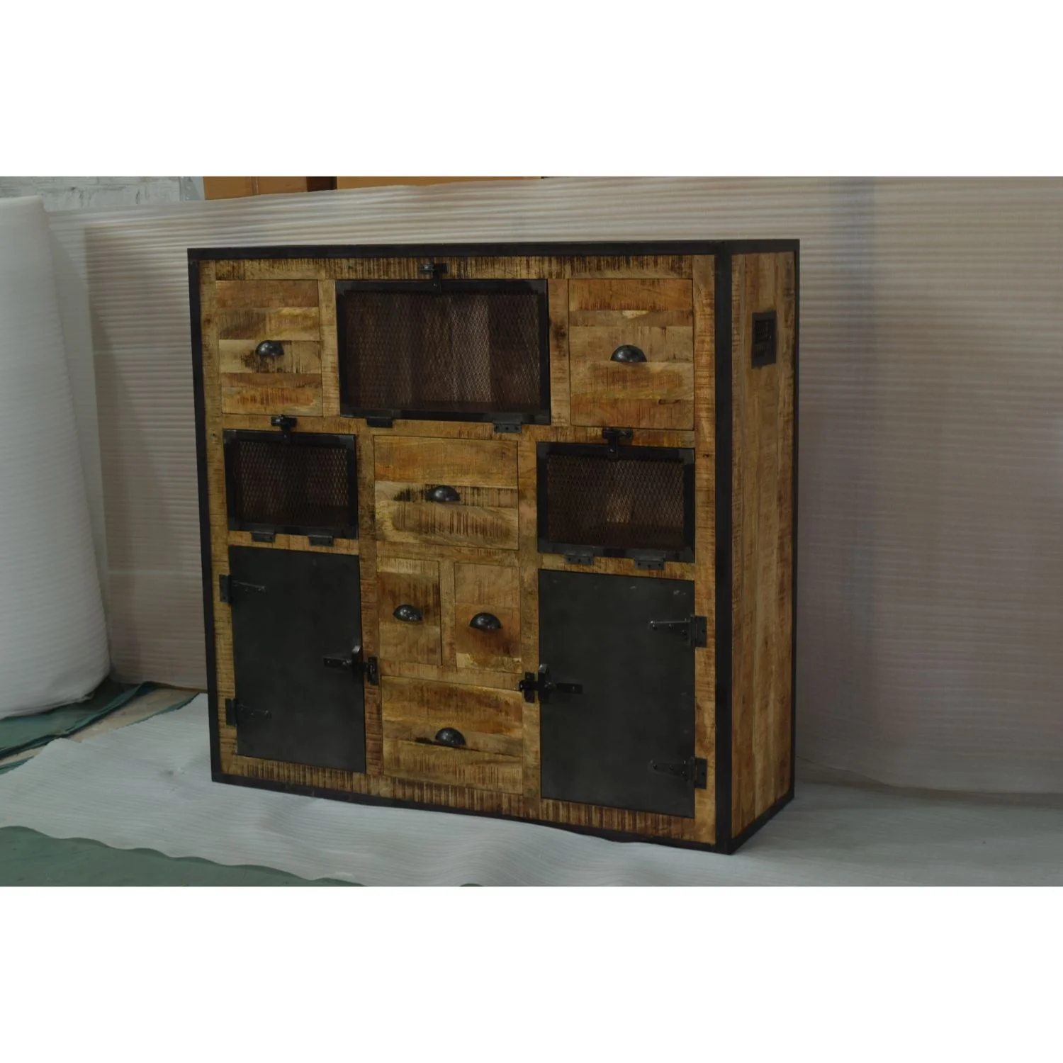 Industrial Modern Solid  Mango Wooden Metal Door  Sideboard Bed Room Workshop Living Room Cabinet