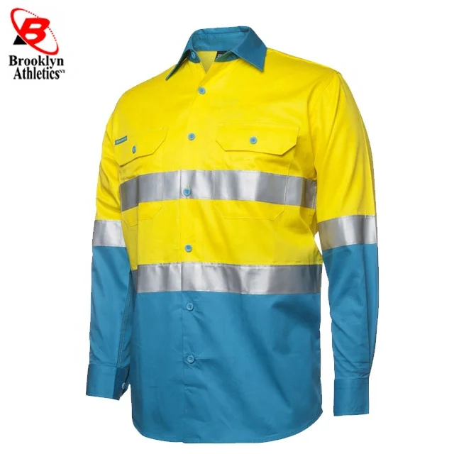 Two Tone Long Sleeve Safety Work shirt Reflective Workwear 100% Cotton Orange Navy Safety Shirts With Hi Vis Tapes