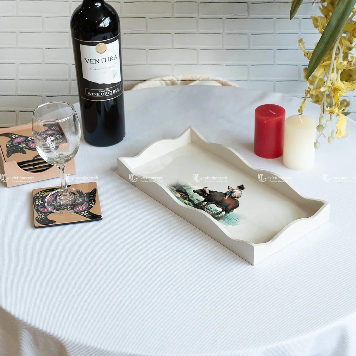Wholesale White Or Customized Color, Design Lacquer Tray, Wood Serving Tray, Tropical Design With Unique Pattern