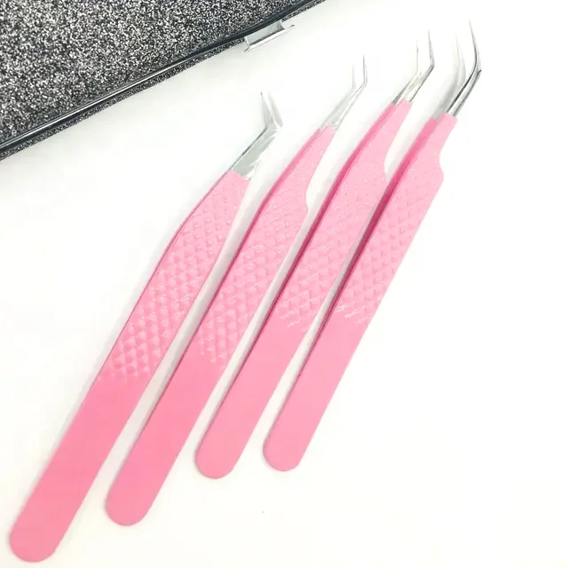 Light Pink Powder Coated Sliver Tips Diamond Grip Solid Eyelash Extension Tweezers Customized Logo Slanted Tips
