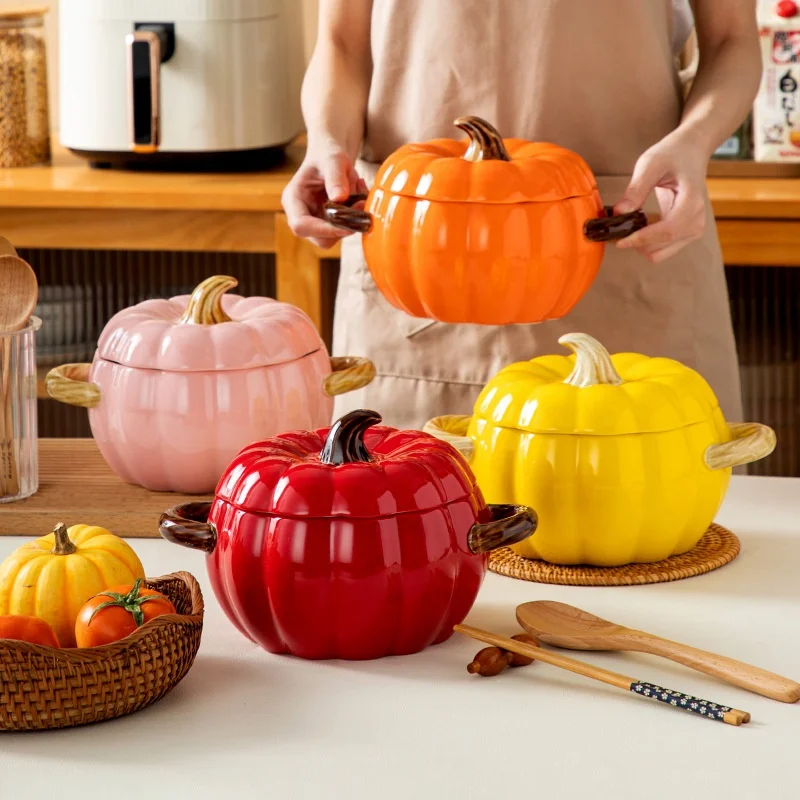 Modern Shaped Ceramic Bowl With Lid Creatively Ceramic White Pumpkins Shaped Dinnerware Bowls With Two Handles