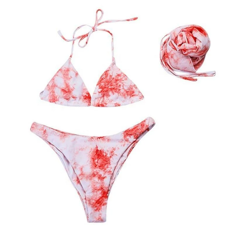 Women Sexy Tie-Dye 3pcs Bikini Set Green  Halter Triangle Swimsuit with Sarong Skirt Wholesale Multicolor Tie-Dye Bikini Set