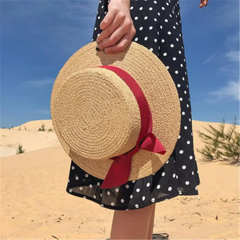 Natural Wheat Straw Flat Top Boater Hat with Striped Band