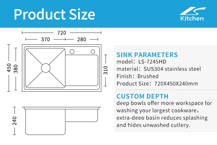 K-7245H китайская фабрика Подгонянная нержавеющая сталь кухонная раковина в европейском стиле с двумя чашами квадратная для кухни черного жемчуга ручной работы