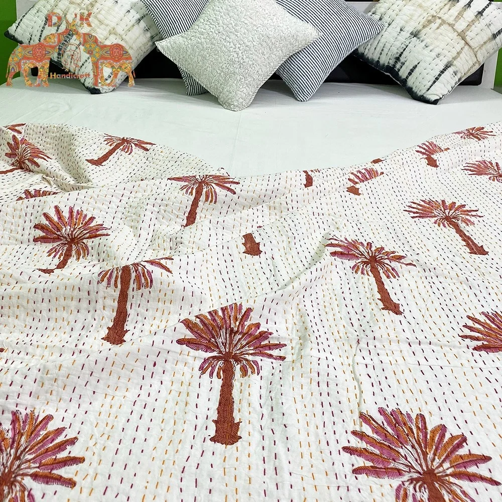 Оптовая продажа покрывало на кровать Kantha с пальмой розовая пальма kantha большого