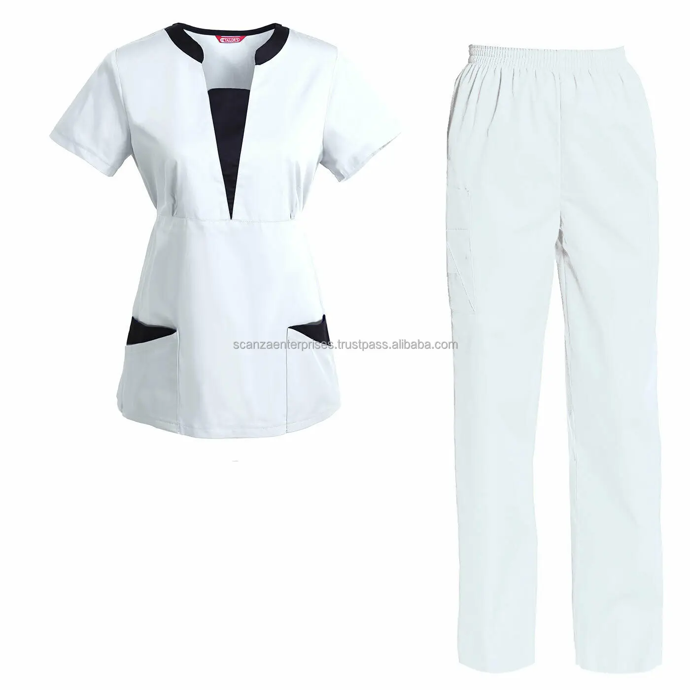 Hot Sale New Designs 3 Pockets Medical Nurse Scrub Uniforms for Hospital Staff Top Clothing Black Print Cotton