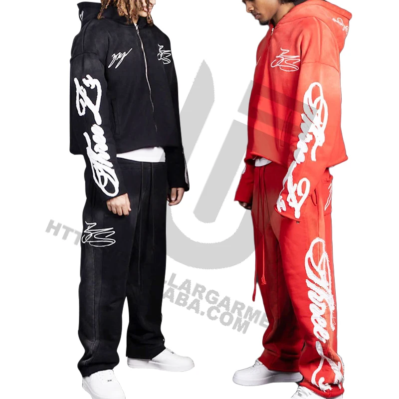 OEM Custom Patch Embroidery French terry Cotton Distressed Raw Hem Acid Wash Sweatpants And Hoodie Set For Men