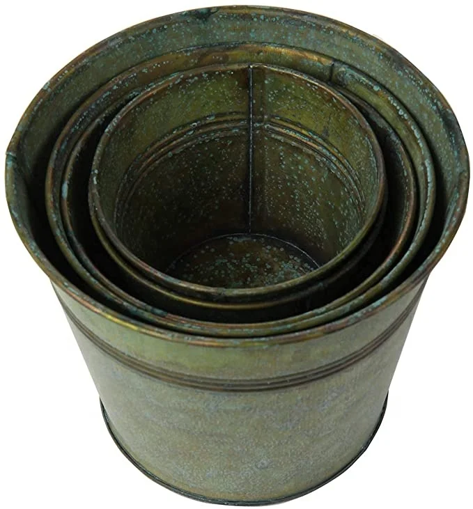 Vintage Green Galvanized Tin Planter Metal Bucket Pot or vase for Farmhouse Planter Indoor outdoor Home customizable