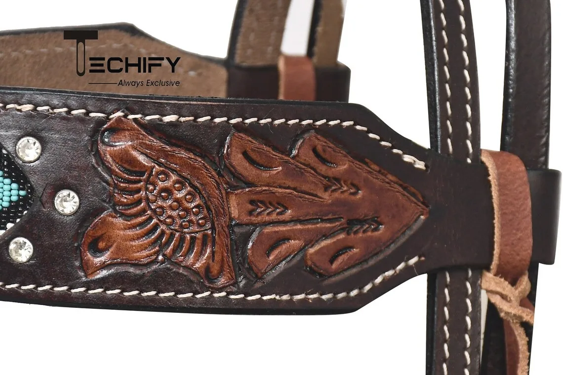 Genuine Leather Western Beaded One Ear Headstall & Breast Collar Set at affordable price