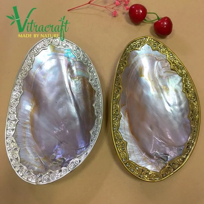100%Natural product Pink Shell Mother Of Pearl Plate Caviar Dish Mother of pearl tray with Silver Pattern inlaid size 18 to 20cm