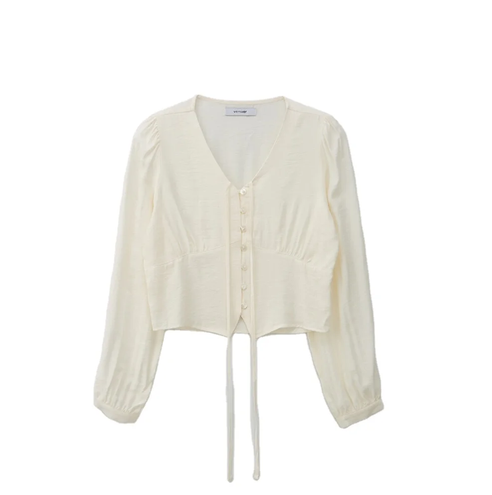 Trending products 2024 new arrivals wholesale clothes VEM.VER V-NECK RIBBON BLOUSE_CREAM FREE Korean fashion