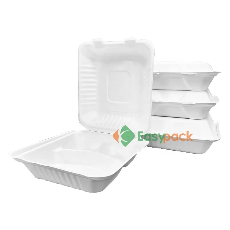 Disposable bleached food container bagasse lunch box biodegradable clamshell
