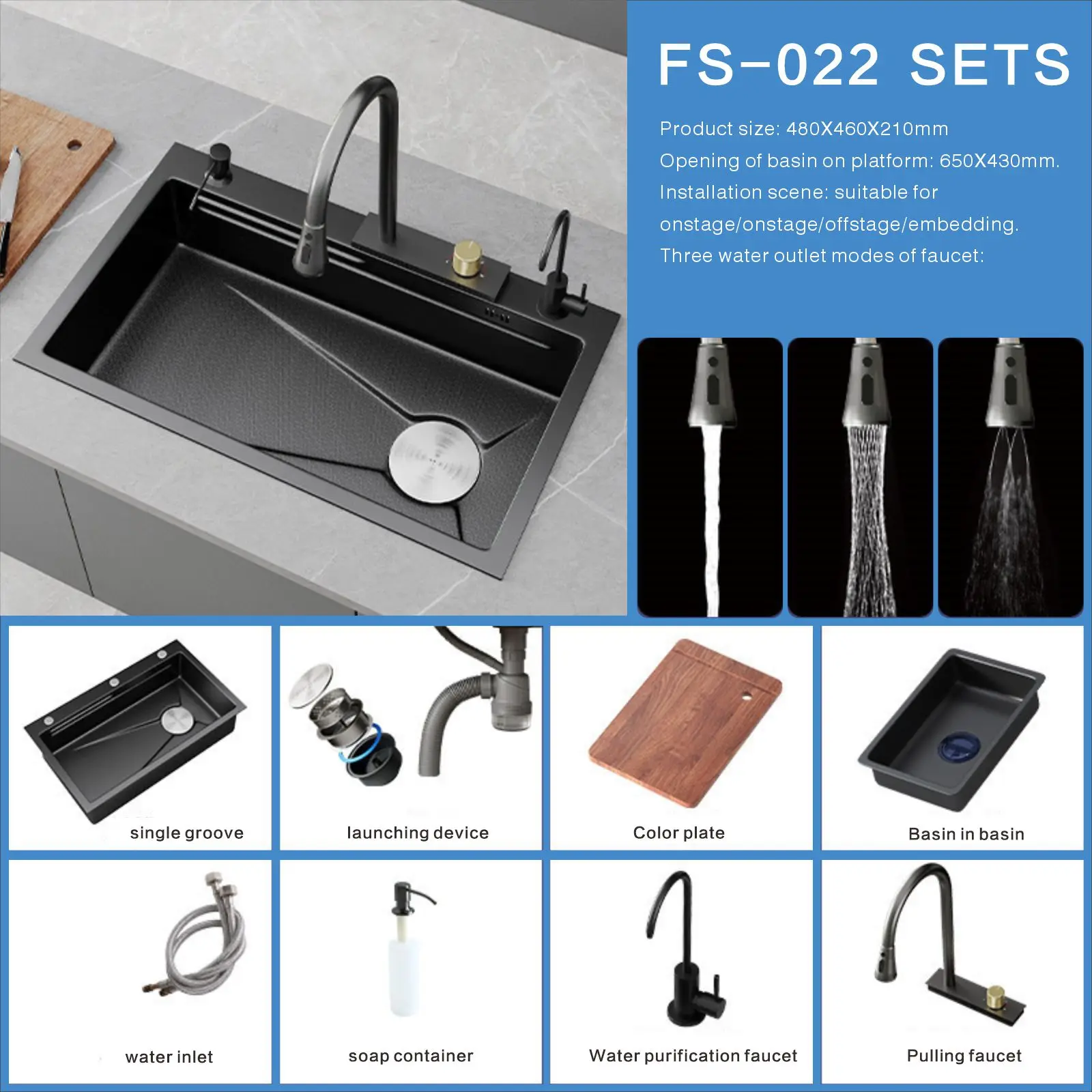 Waterfall Kitchen Sink with Whole Set Accessories SUS304 Stainless Steel Durable Multi Function Single Big Bowl sinks kitchen