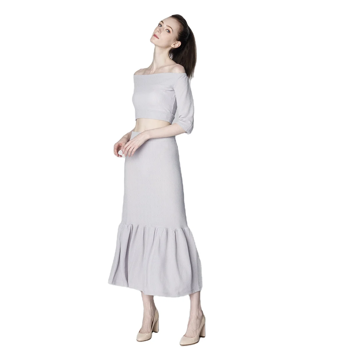 LADIES CASUAL FASHION ELASTIC WAISTBAND RUFFLER LONG SKIRT WITH STRAPLESS SHORT SLEEVE