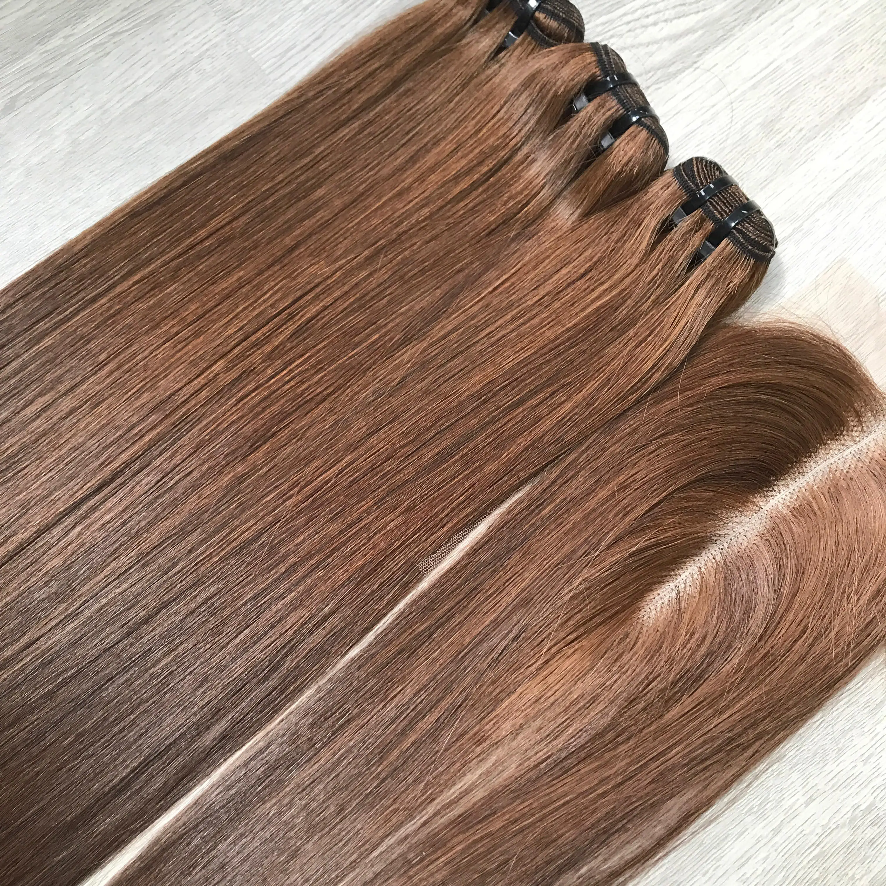 Human Silky Straight Brown color bundle With closure Transparent lace, swiss HD Lace Frontal Vietnamses Hair, Hair Ex
