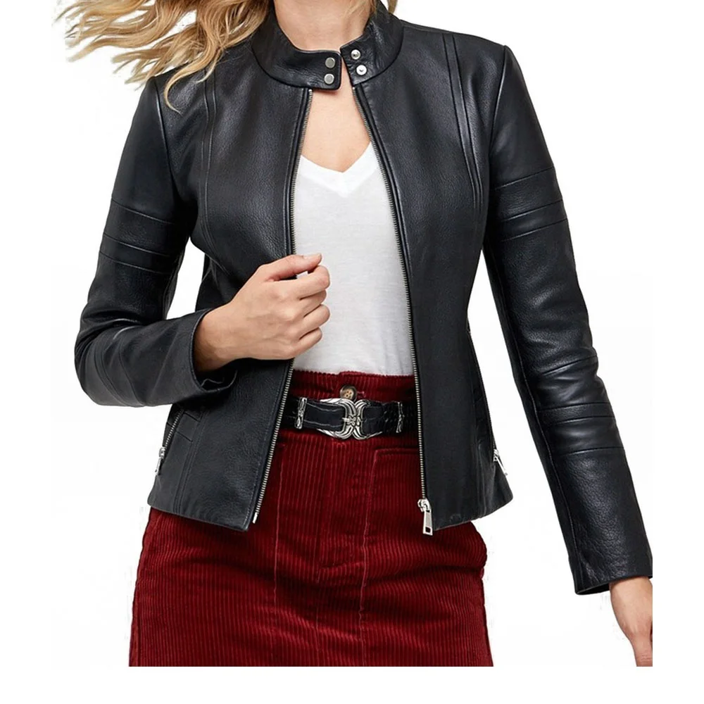 New High Quality Black Leather Zipper Sheepskin Jacket Full Customized With Internal Soft Viscose Lining Front closure Style Zip