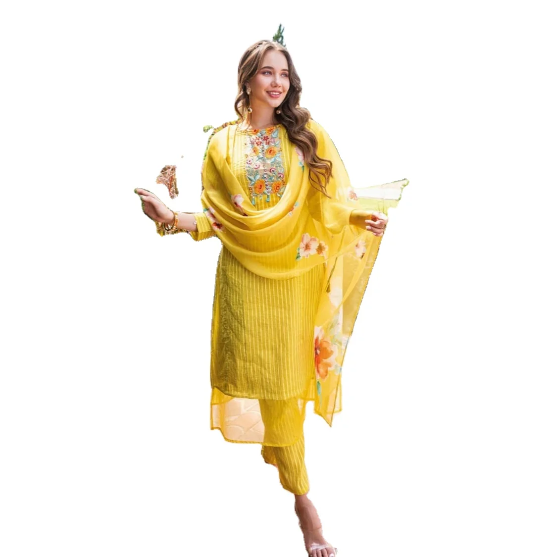 NEW LATEST PURE COTTON STRIPS WITH PURE VISCOSE ORGANZA WITH DIGITAL PRINT A-LINE INDIAN KURTI WITH PANT FOR ONLINE SALE