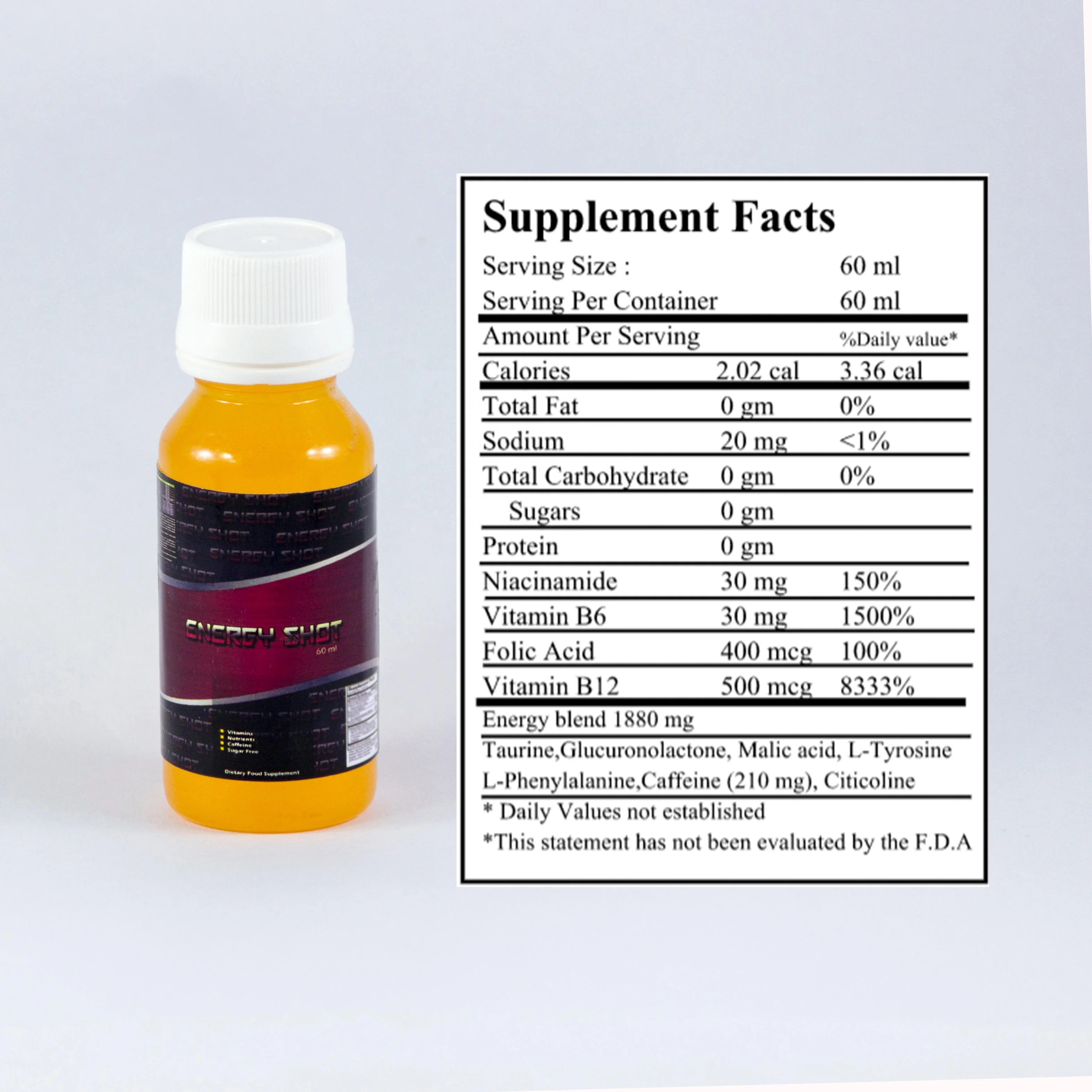 Sweet and Sour Vitamin B12 Energy Shot in Plastic Bottle Adult Ingredients Beverage with Dried Food Style