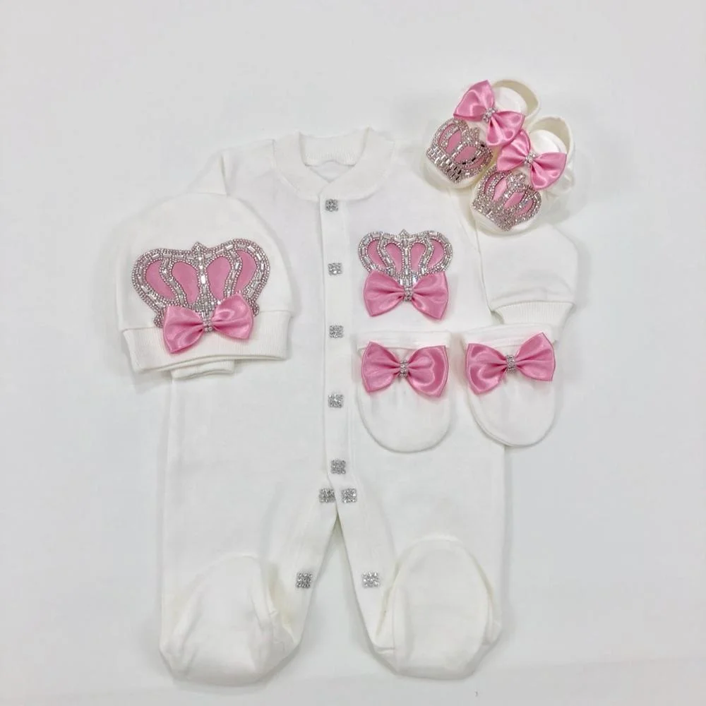 4 Pieces Cotton Fabric Knitted Wholesale Custom New Design Newborn Clothes Kids Pink Crown Jewel  Baby Girl Romper Set