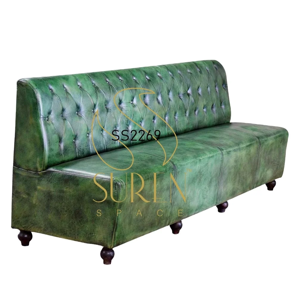 Army Green Tufted Back Pure Leather Long Sofa for Restaurant Bar Pub Night Club Hotel Resort