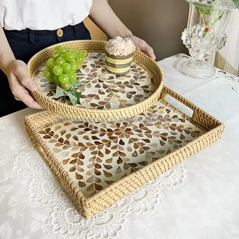 High quality best selling Natural EID Ramadan holiday Rectangle Rattan MOP Serving Tray With Handles  By Royal Decor Mart
