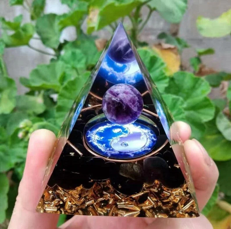 Amethyst Sphere Orgonite Pyramid-Natural Crystal Obsidian Meditation Orgone Pyramid-Positive Energy Generator