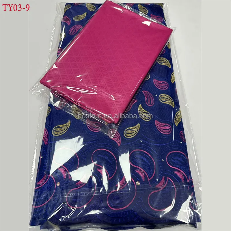 TY03   New African Bazin Riche Brode Fabric Combine Swiss Voile Cotton Lace Damask Guinea Brocade Lace Fabric 5+5yard