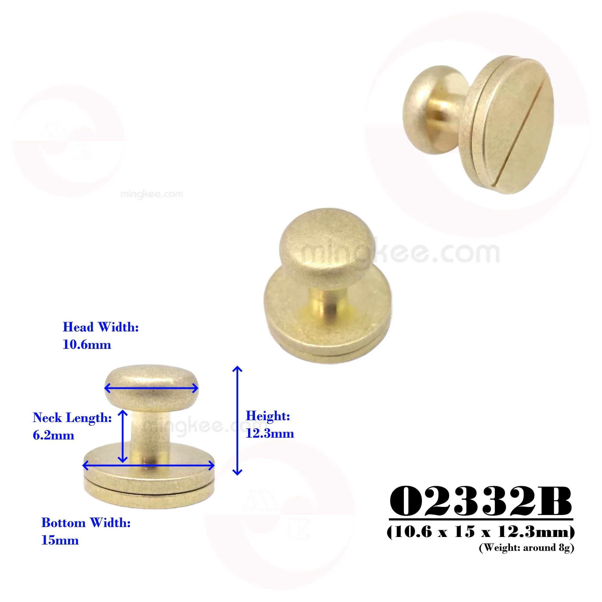 MING KEE METAL 10mm Big Solid Brass Head Collar Stud for Leather Use of Thin or thick strap with Round Ball Metal Collar Studs