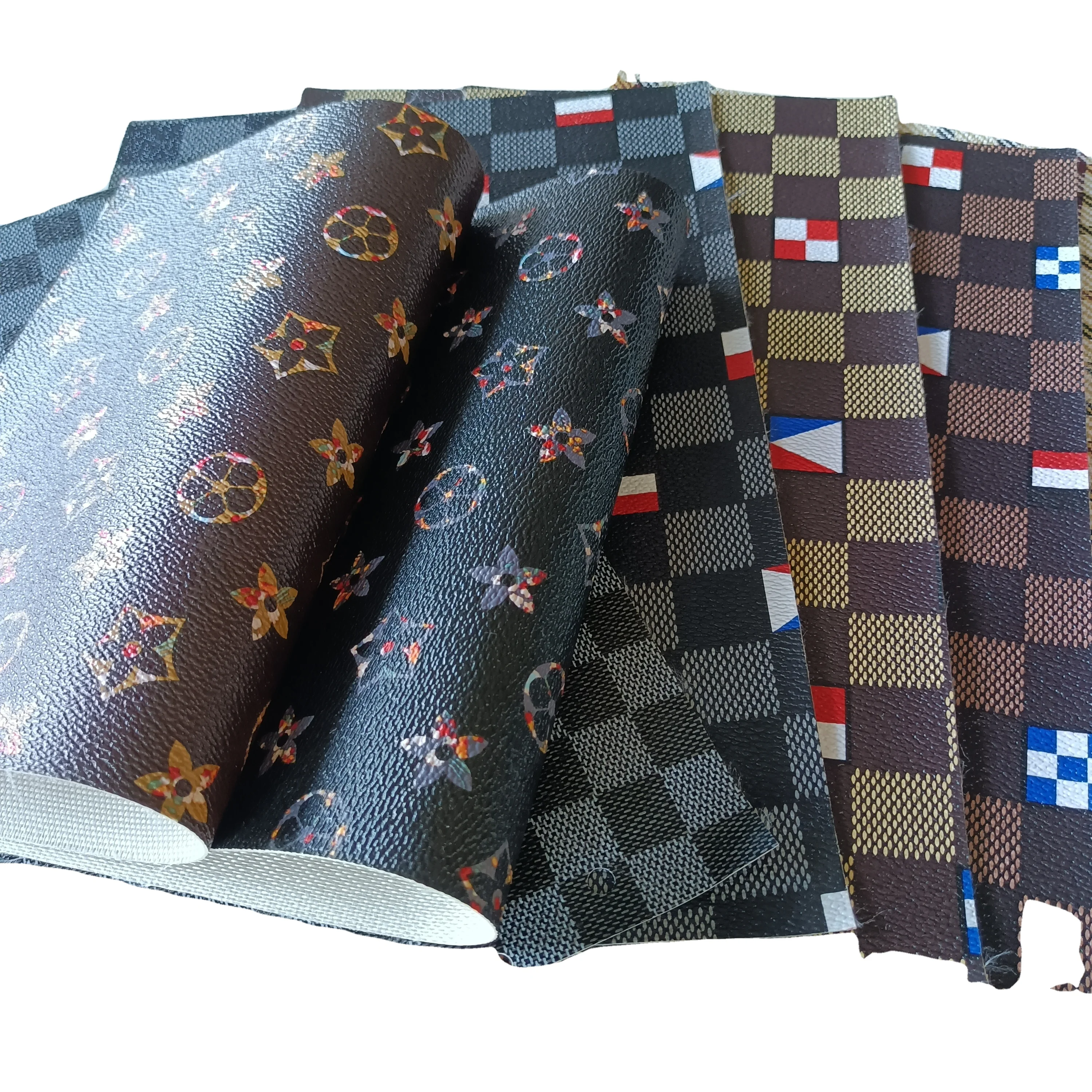 Grid printed leather irregular design PVC leather customized imitate fabric 0.7mm thickness for bags and luggages