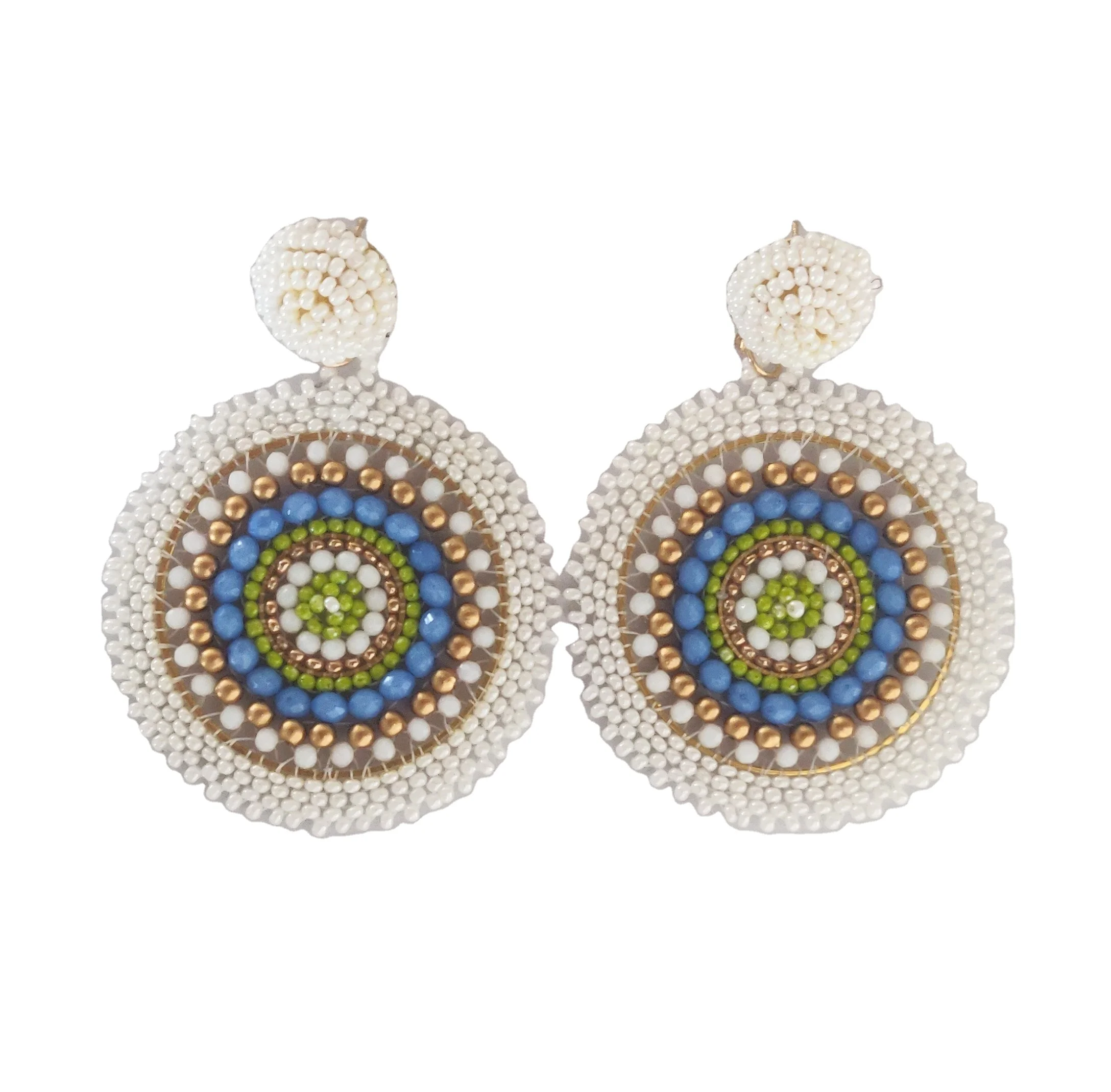 Stunning Collection of Handmade Beaded Earrings - Ivory Blue Green Beaded Round Shape Fashionable Party Wear Earrings