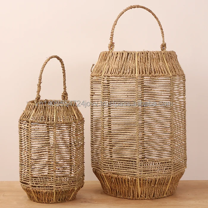 Cheap floor lamp cover seagrass wicker lanterns 100% handmade craft wholesale frames decorative candle holder home wedding decor