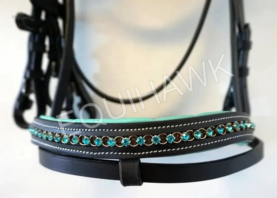 Оптовая продажа роскошная уздечка для лошадей с Аква-кристаллами-премиальные кожаные повязки бровей и носа лучшие