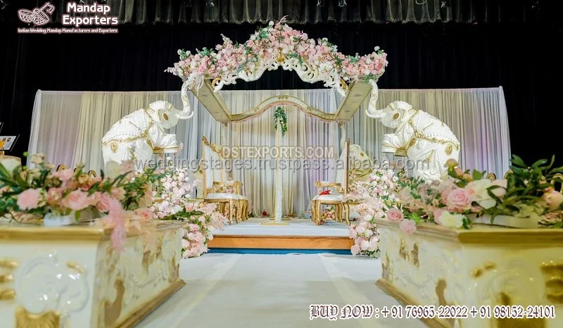 Golden look Peacock Carved Wedding Mandap South Indian Wedding Peacock Carved Mandap Setup Traditional Wedding Mandap Setup